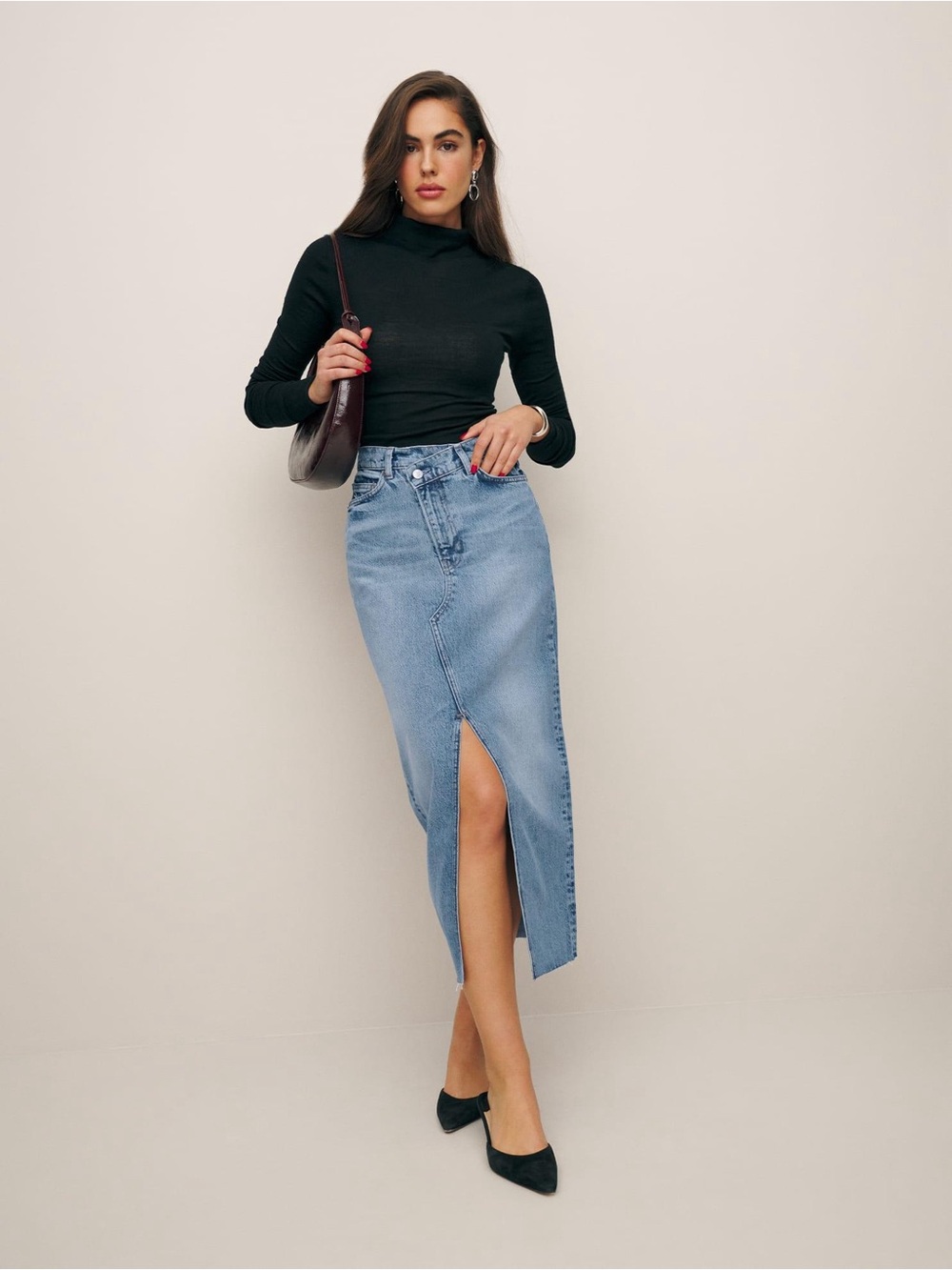 Reformation Nila Long Midi Denim Skirt in Faded Blue